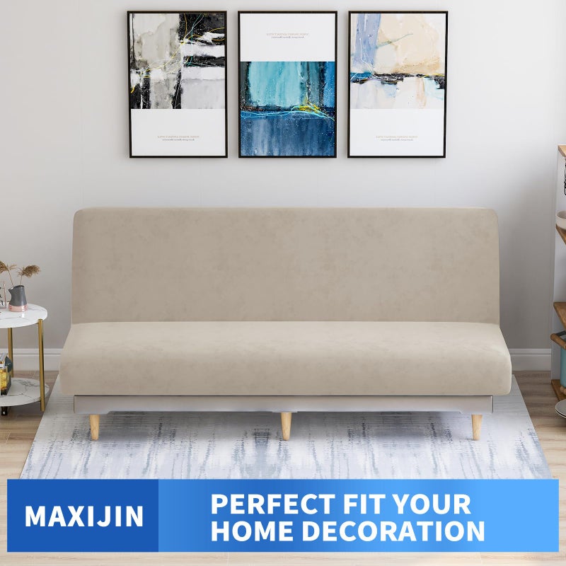 MAXIJIN Velvet Futon Cover Full Size Stretch Futon Mattress Cover Thick Soft Armless Sofa Bed Slipcover Plush Couch Furniture Protector with Elastic Bottom, Machine Washable (Khaki) - Image 2